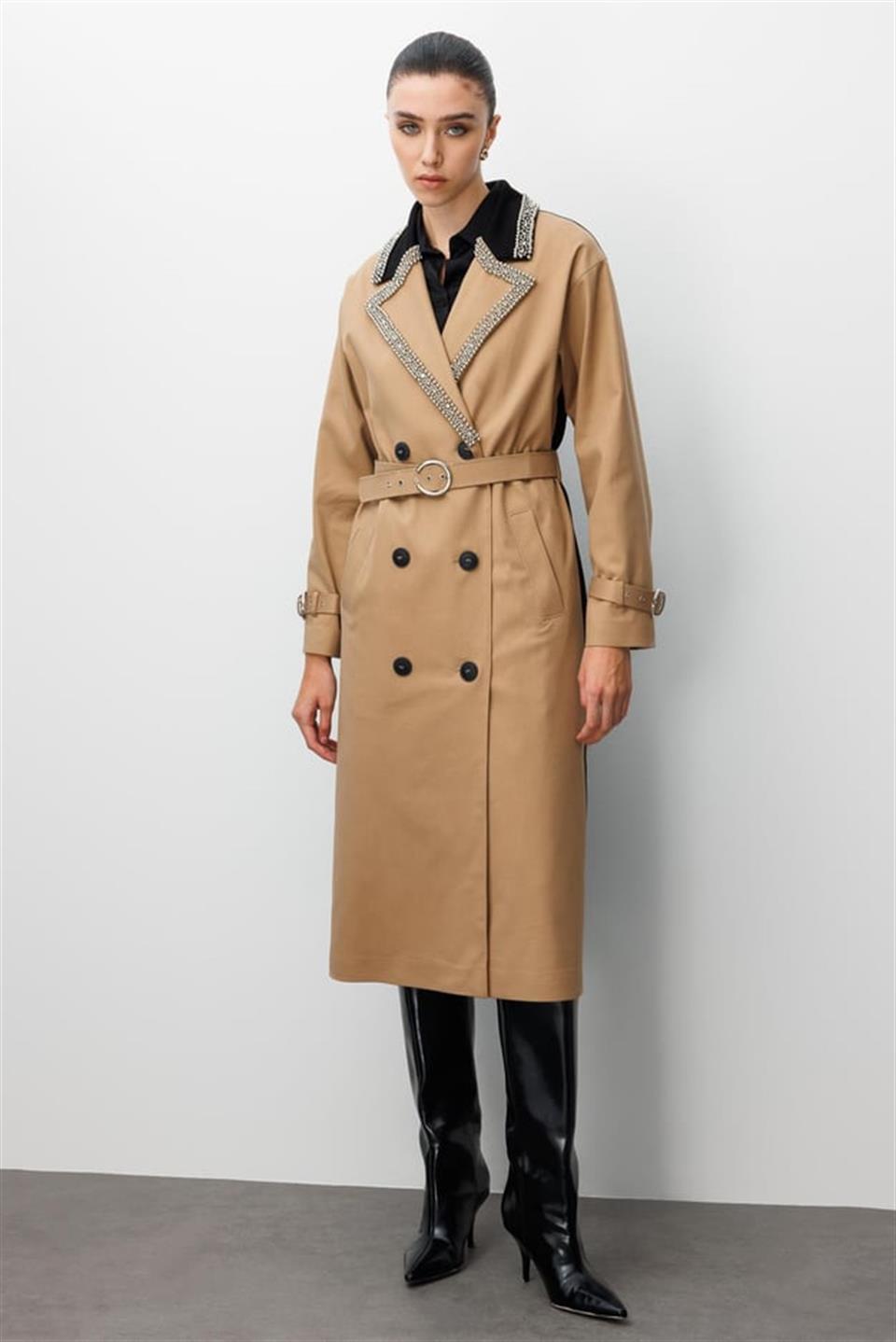 Double-breasted Belt Detailed Trench Coat with Pearl and Stone Embroidered Collar, CAMEL-COFFEE