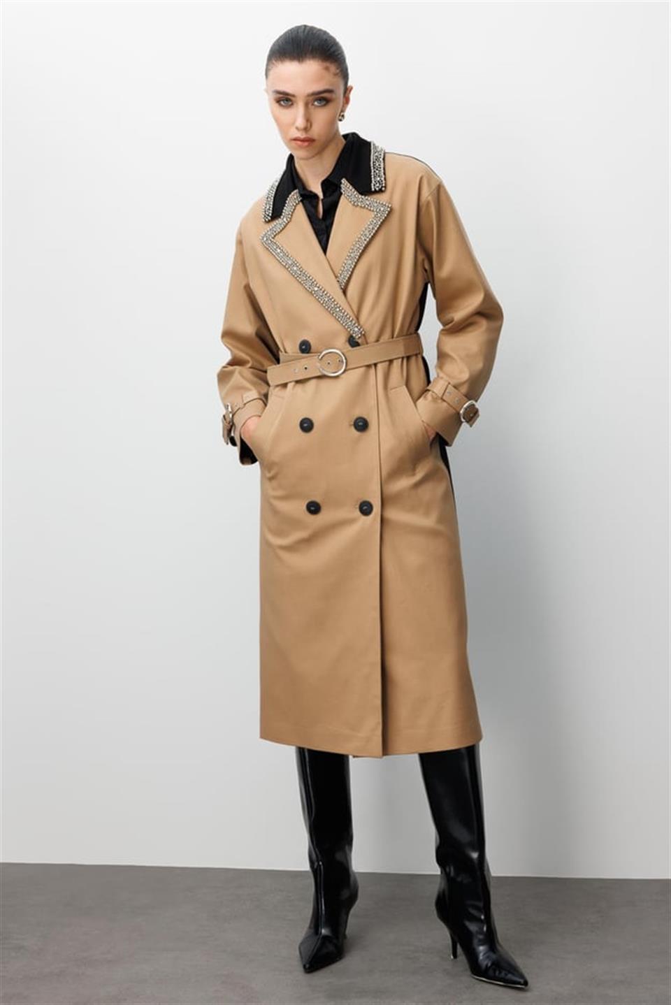 Double-breasted Belt Detailed Trench Coat with Pearl and Stone Embroidered Collar, CAMEL-COFFEE