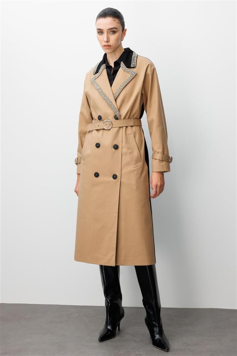 Double-breasted Belt Detailed Trench Coat with Pearl and Stone Embroidered Collar, CAMEL-COFFEE