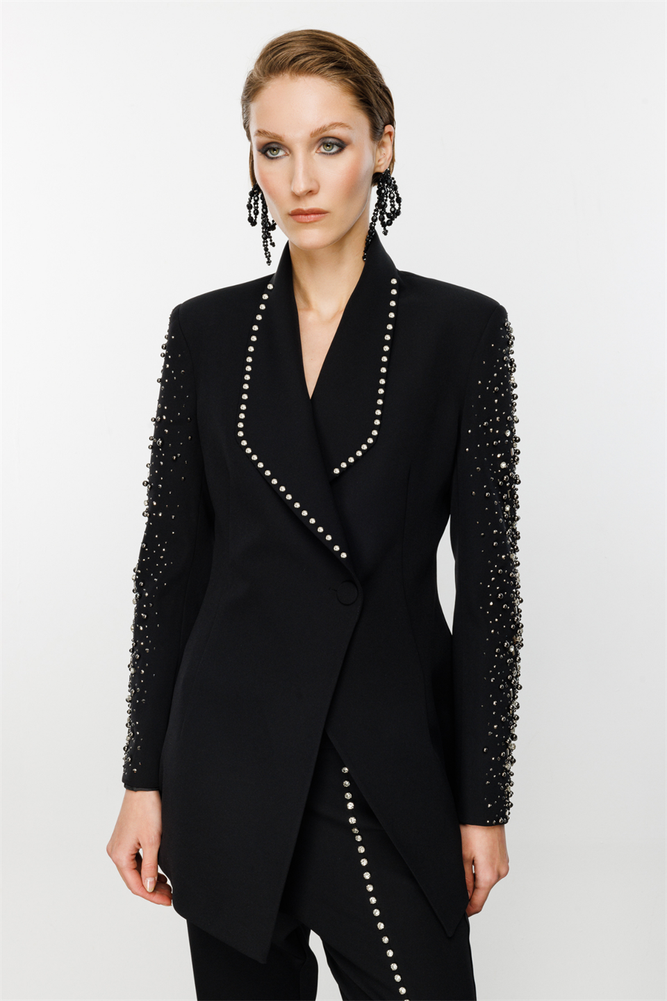 Yakası Kolları Taş İşlemeli Takım SİYAH