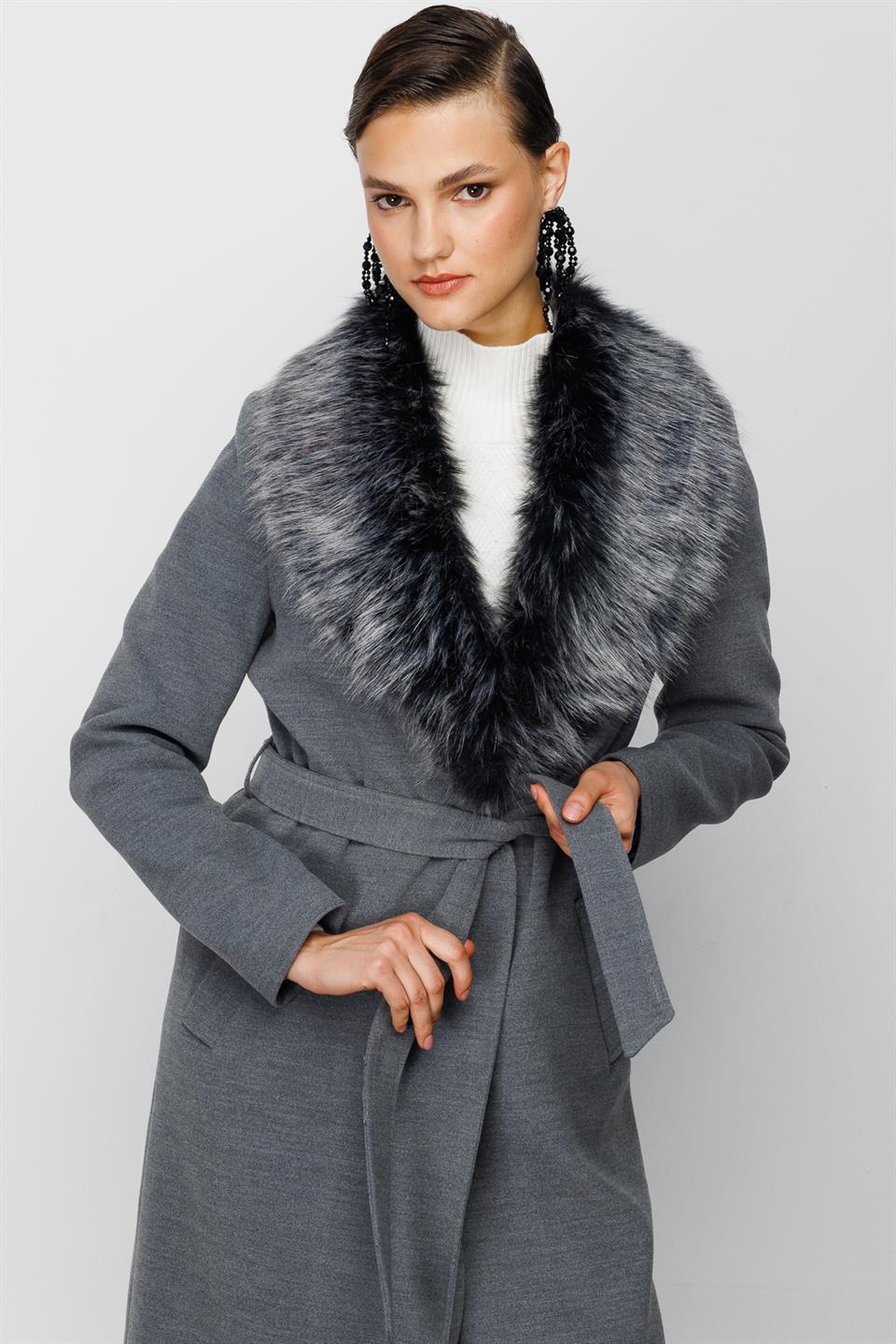 FUR SIDE COLLAR COAT GRAY