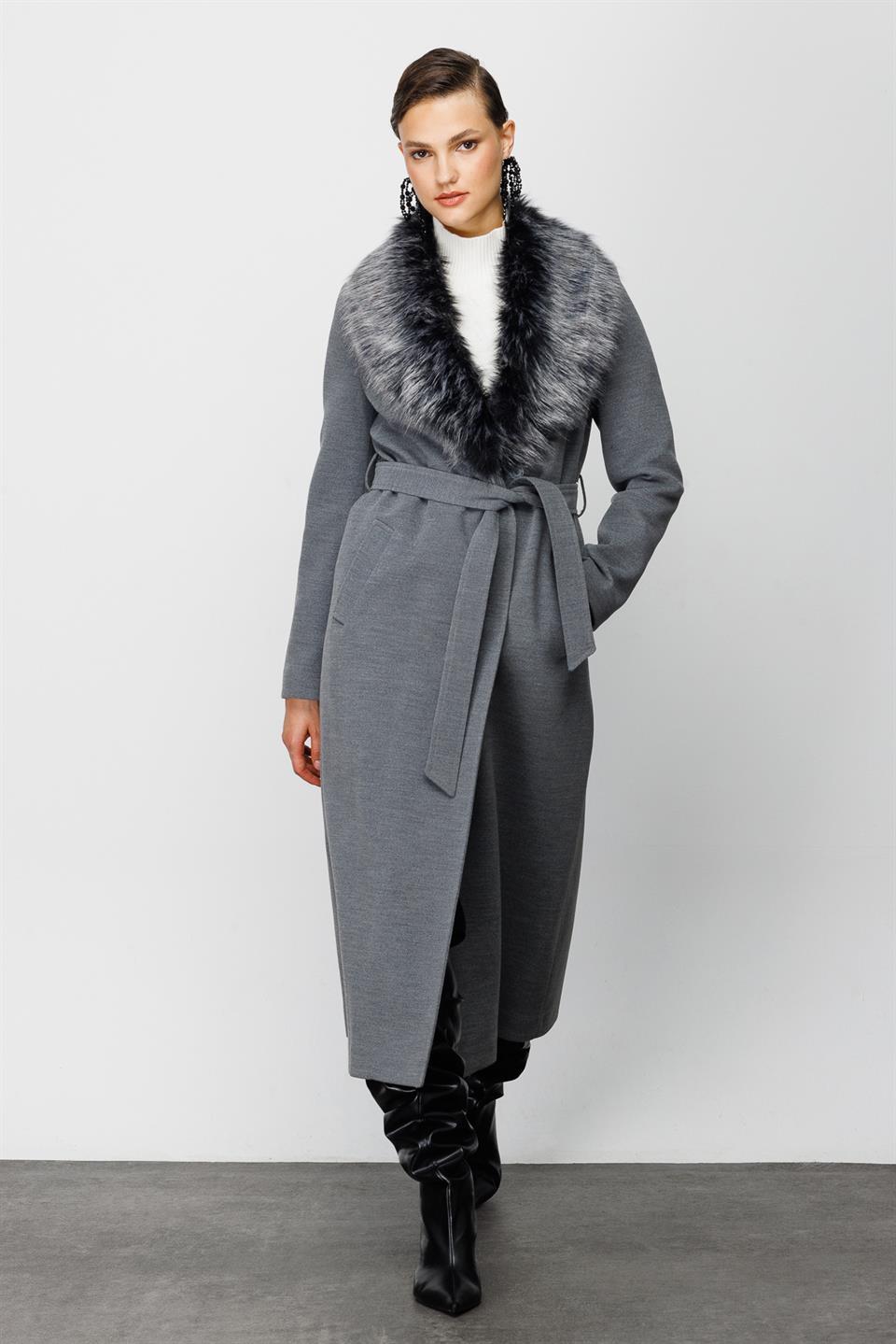 FUR SIDE COLLAR COAT GRAY