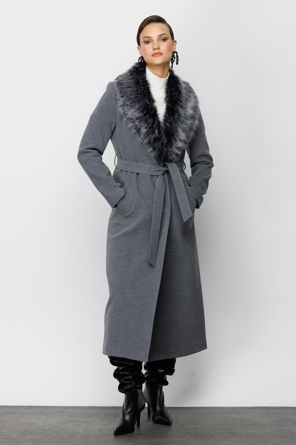FUR SIDE COLLAR COAT GRAY