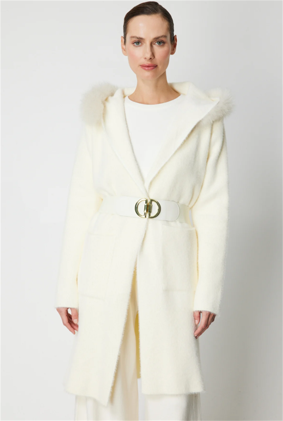 Yakası Kürklü Sakal Uzun Hırka KREM