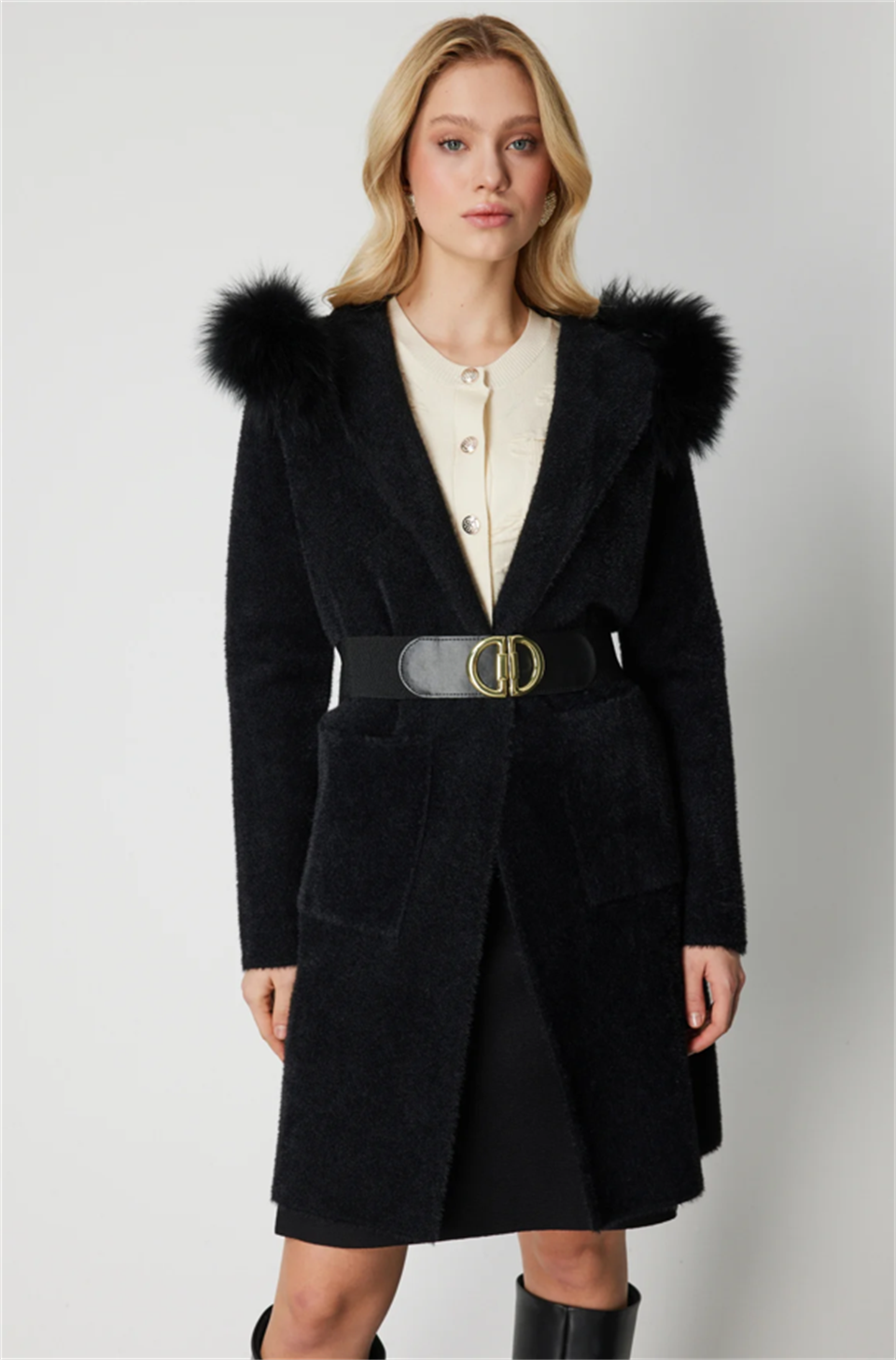 Yakası Kürklü Sakal Uzun Hırka SİYAH