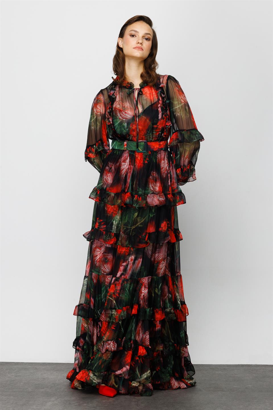 Yakası Lazer Çiçekli Elbise SİYAH-ÇİÇEKLİ