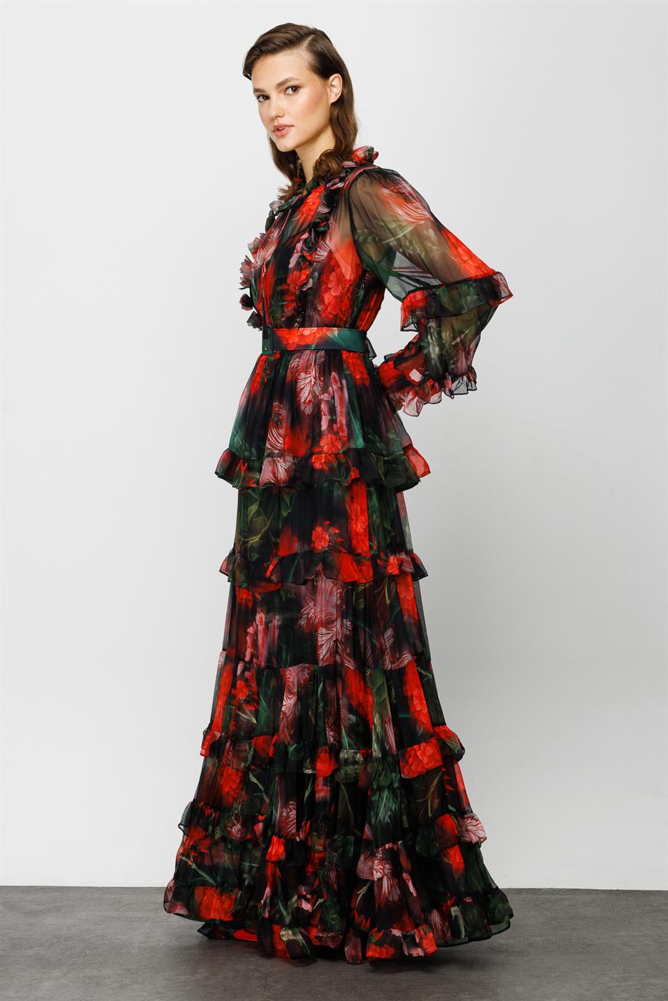 Yakası Lazer Çiçekli Elbise SİYAH-ÇİÇEKLİ