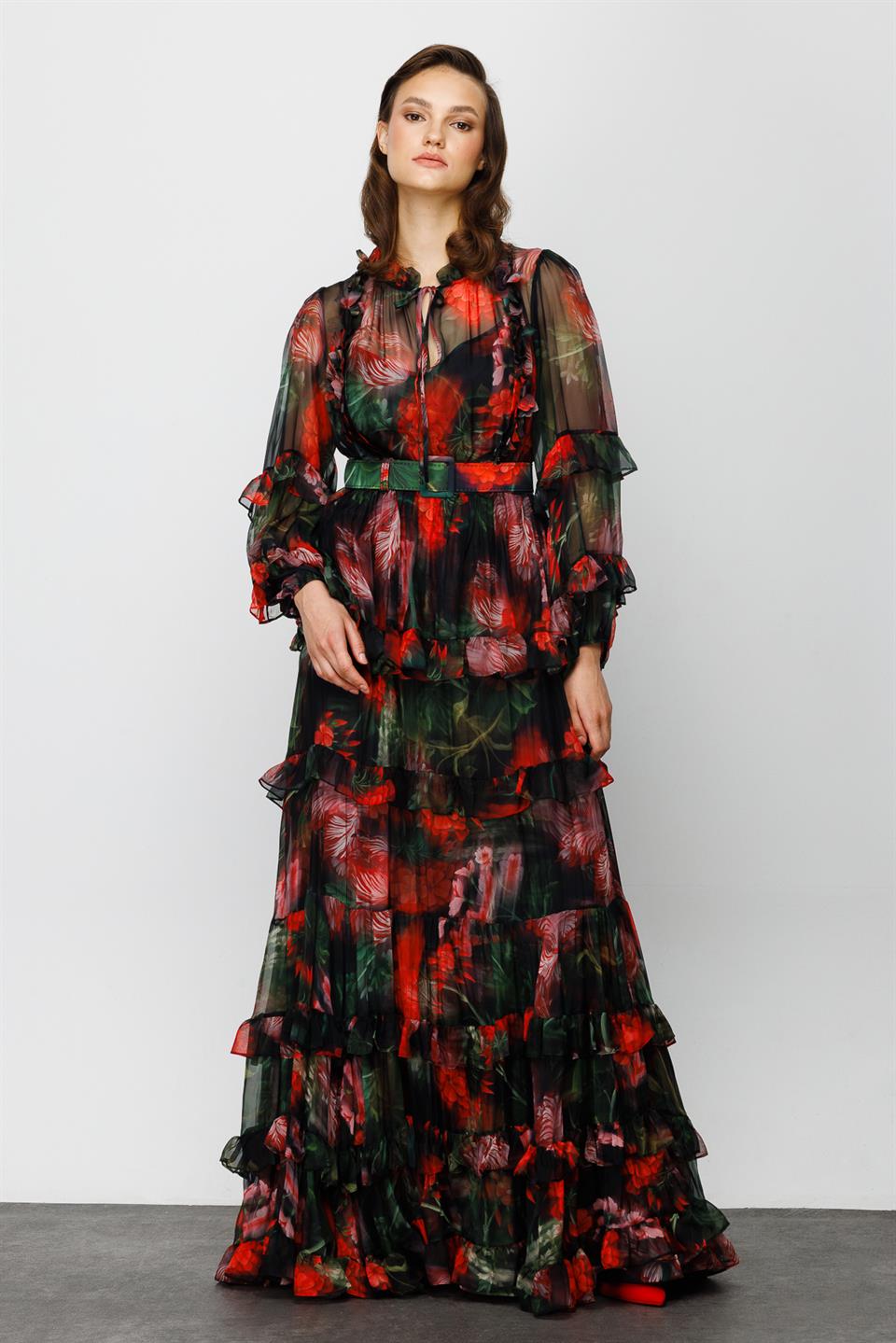 Yakası Lazer Çiçekli Elbise SİYAH-ÇİÇEKLİ