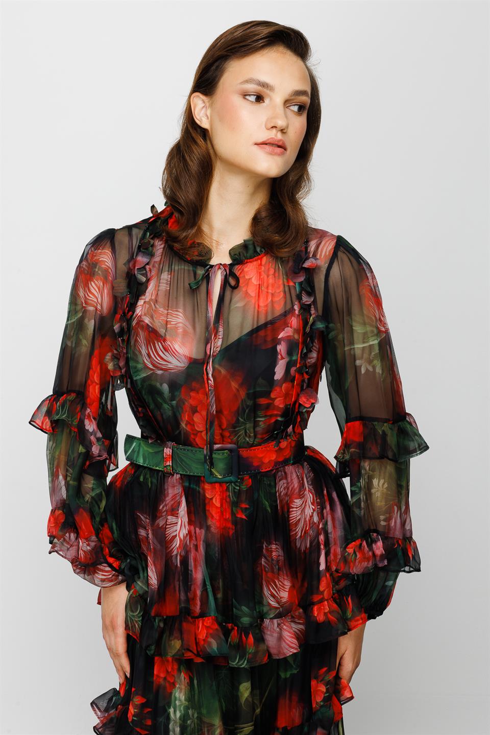 Yakası Lazer Çiçekli Elbise SİYAH-ÇİÇEKLİ