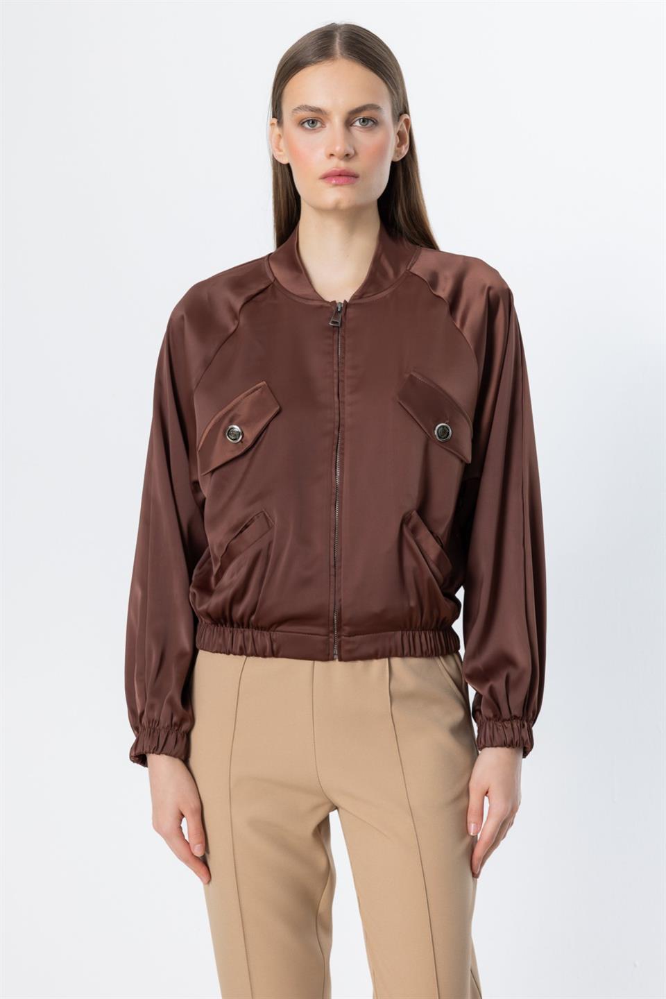 Yakası Ribanalı Fermuarlı Crop Ceket KAHVE