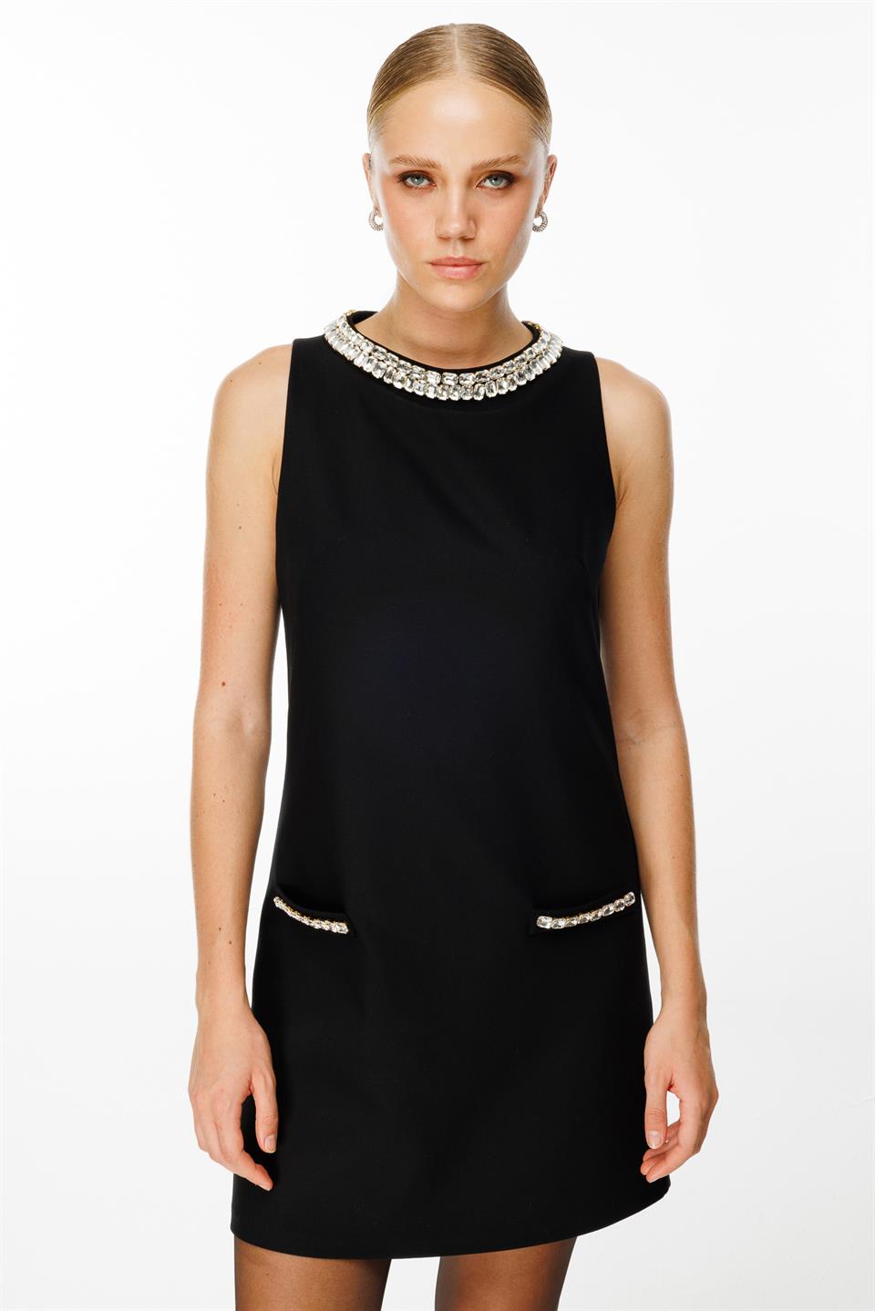 Black Mini Dress with Gems Embroidered Collar