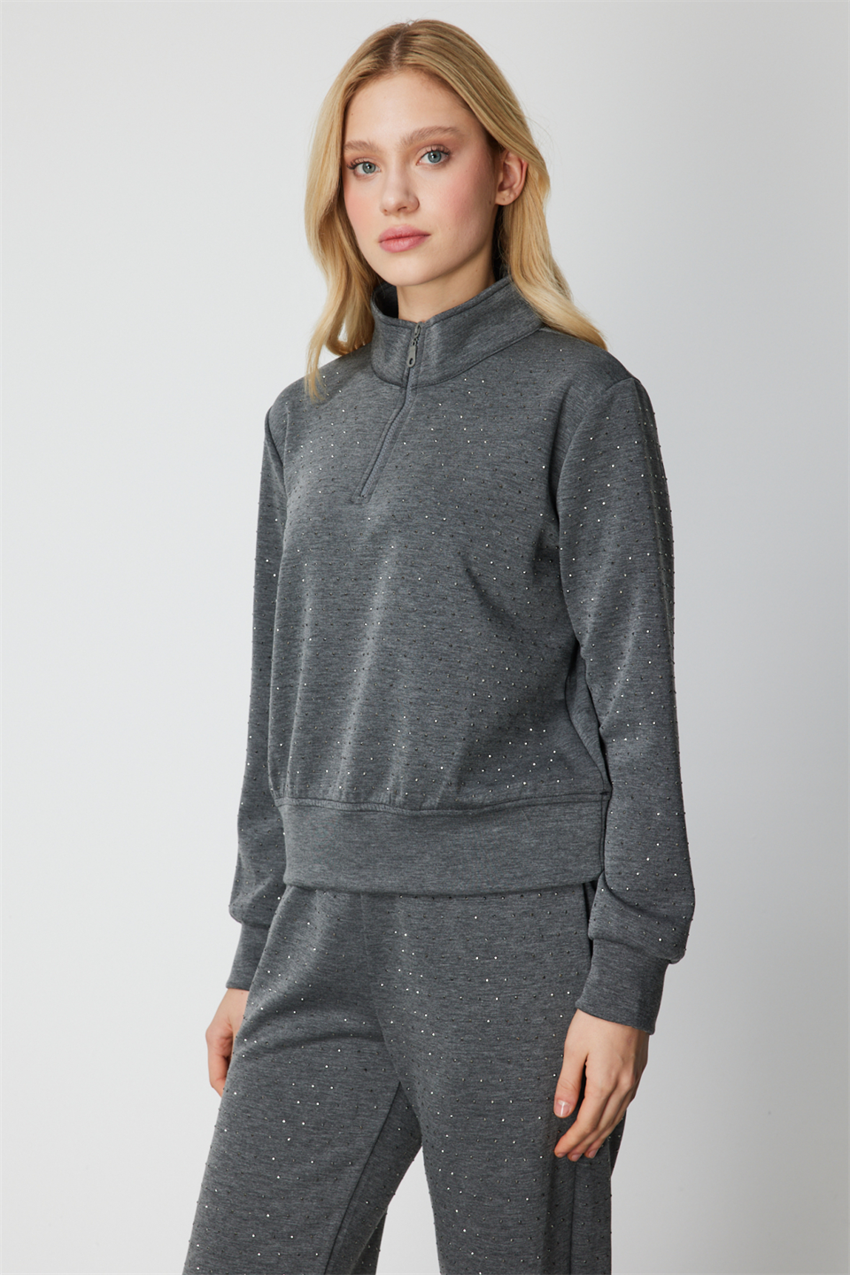 Yakası Taşlı Fermuarlı Eşofman Üst ANTRASİT