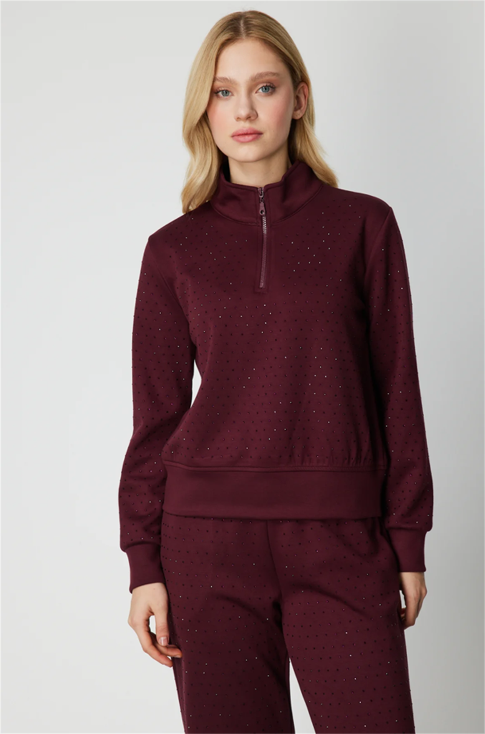 Yakası Taşlı Fermuarlı Eşofman Üst BORDO