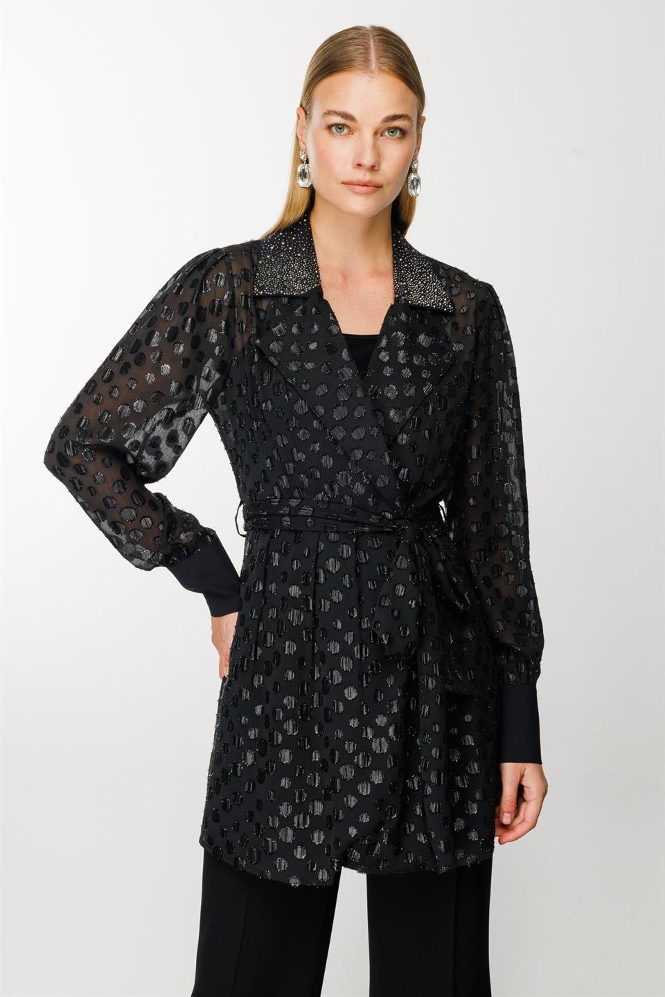 Yakası Taşlı Puantiyeli Uzun Tunik SİYAH
