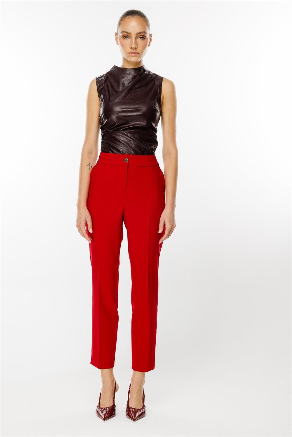 Yandan Cepli Boru Paça Pantolon KIRMIZI