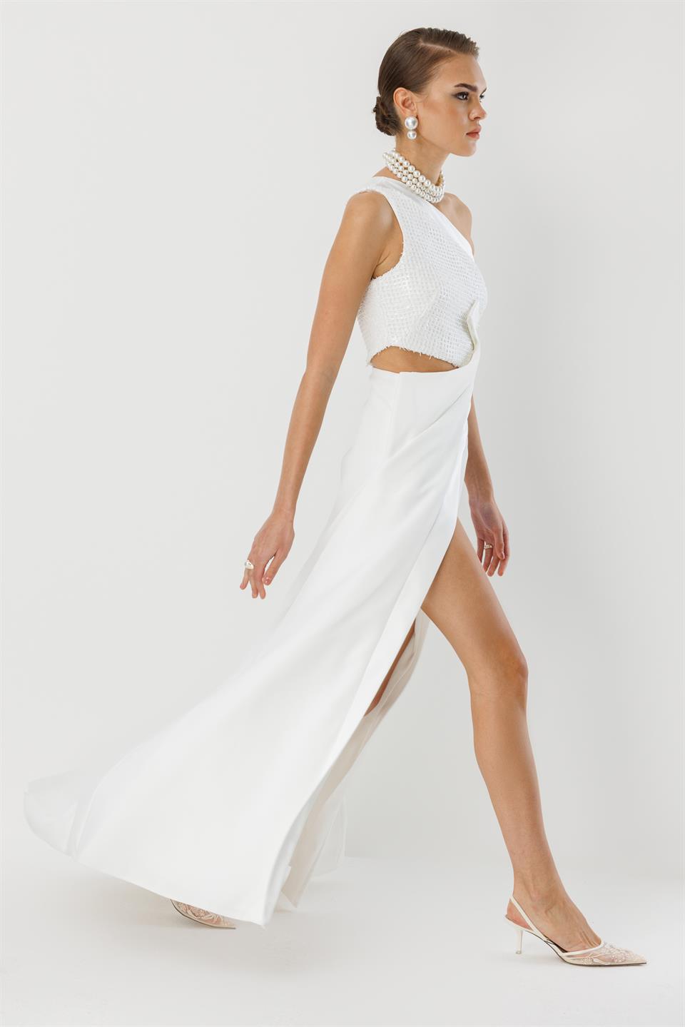 Yandan Fiyonk Uzun Elbise EKRU