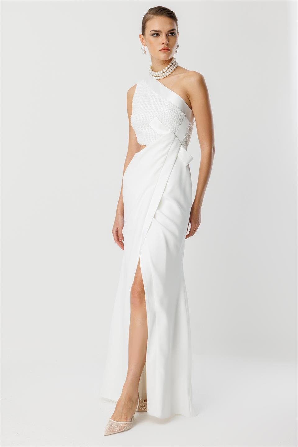 Yandan Fiyonk Uzun Elbise EKRU