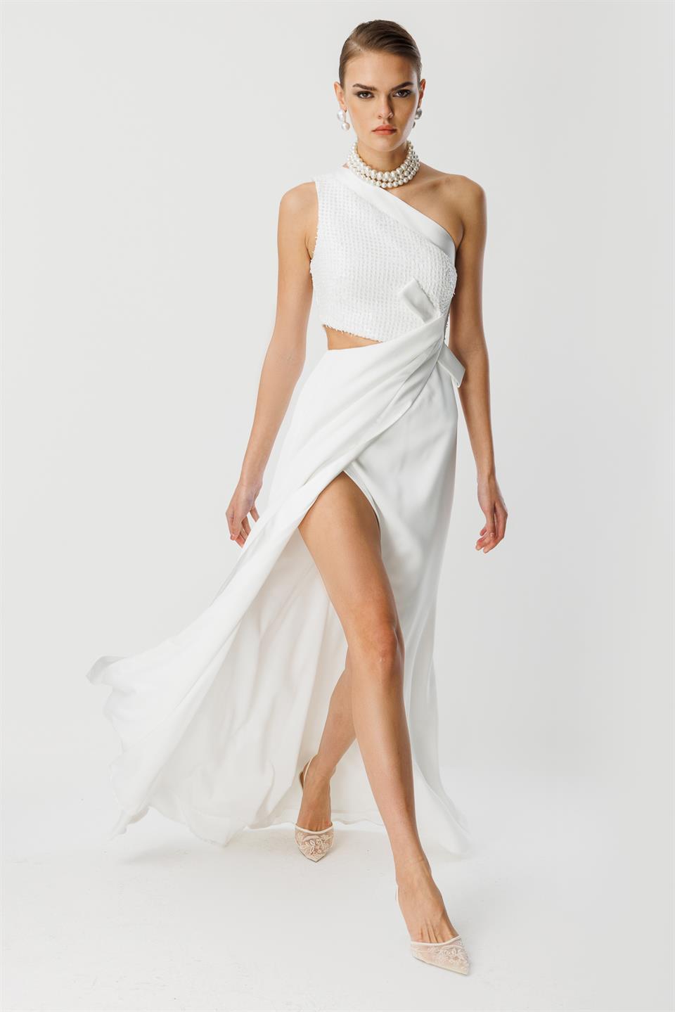 Yandan Fiyonk Uzun Elbise EKRU