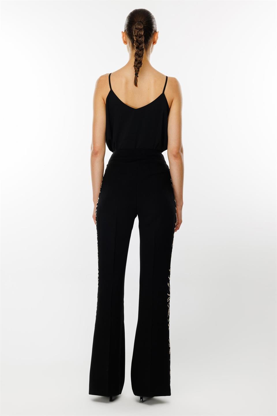 BLACK Side Striped Guipure Trousers