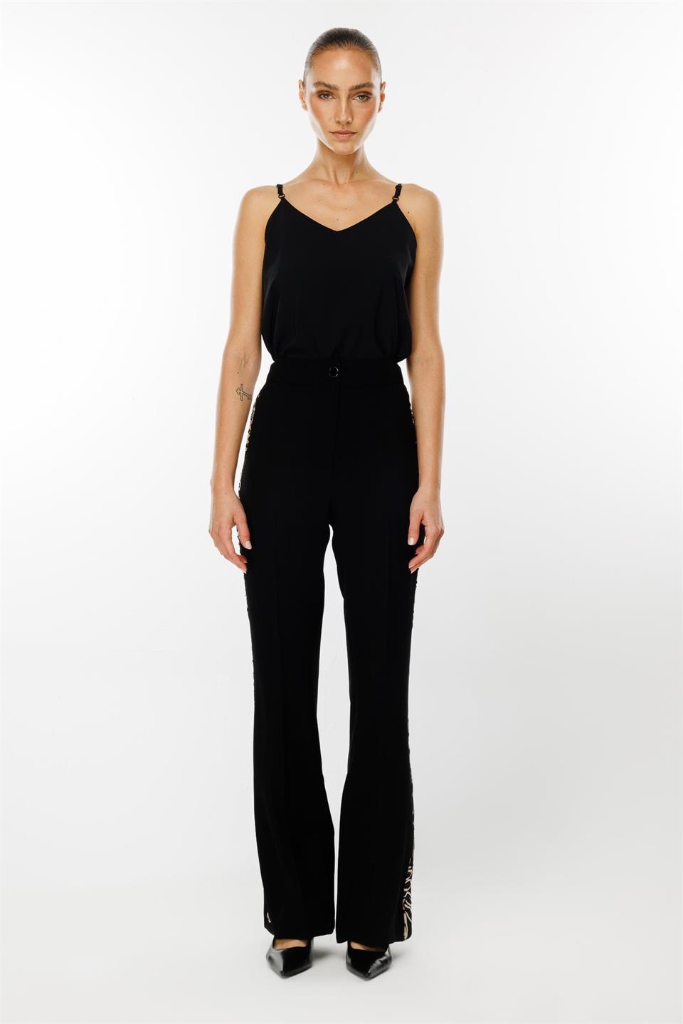 BLACK Side Striped Guipure Trousers