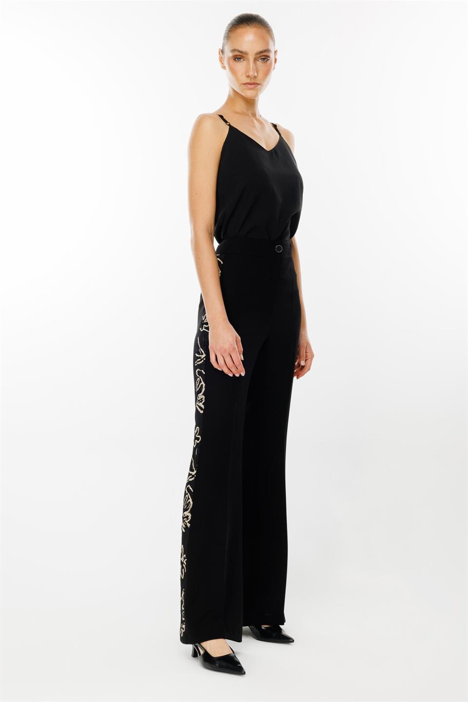 BLACK Side Striped Guipure Trousers