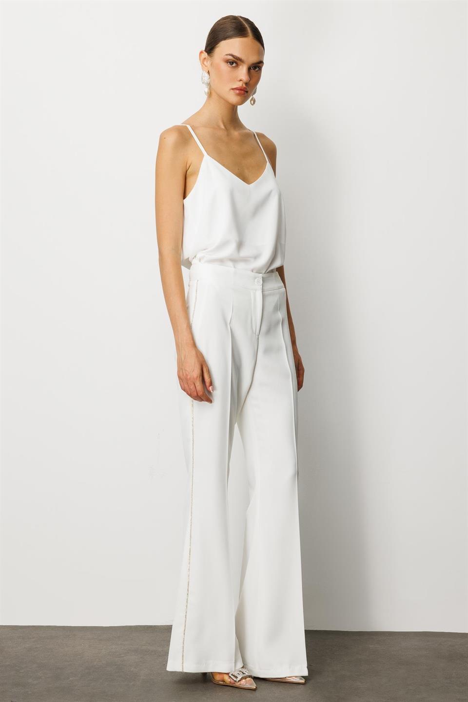 Yanları Şerit Swaroski Pantolon EKRU