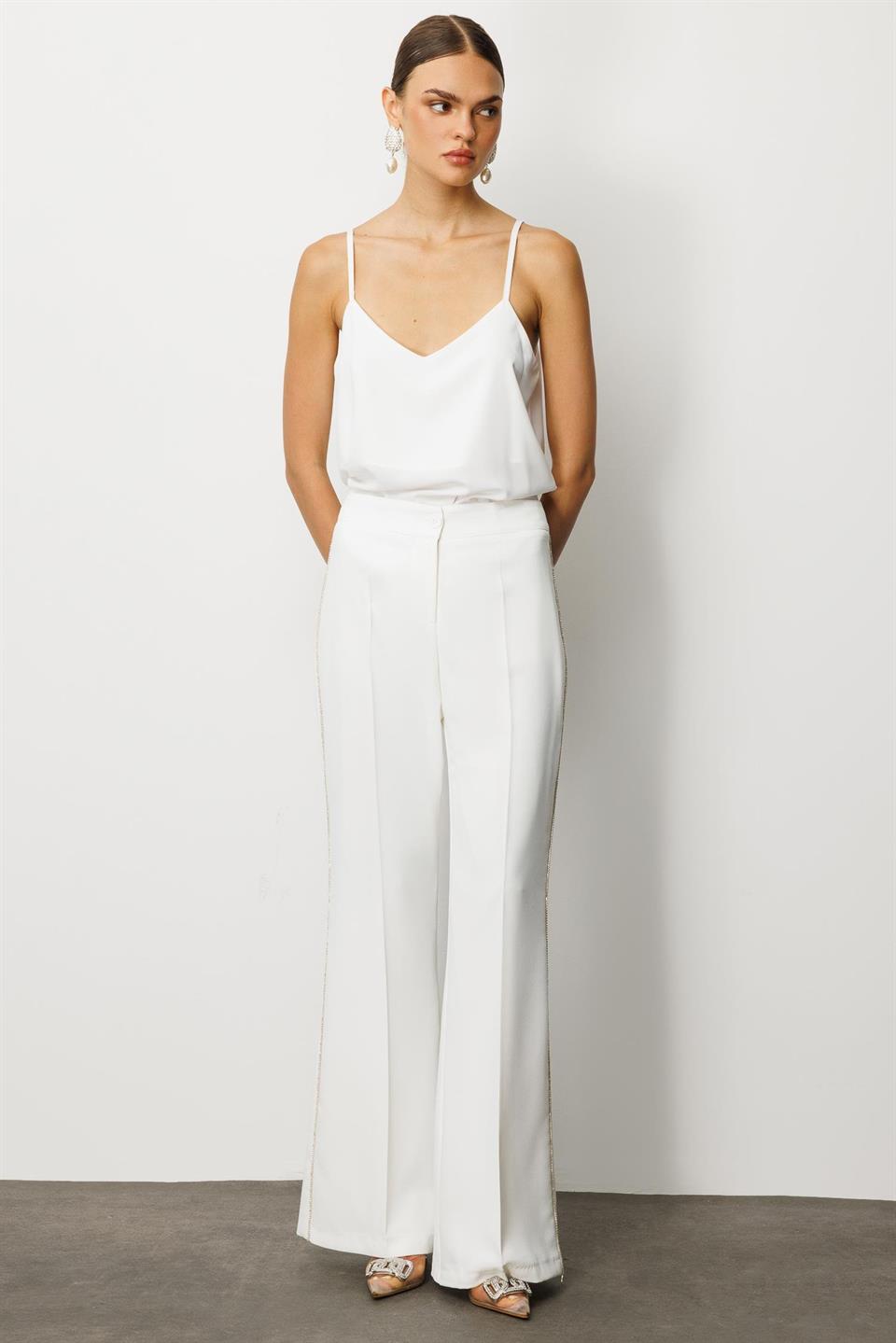 Yanları Şerit Swaroski Pantolon EKRU