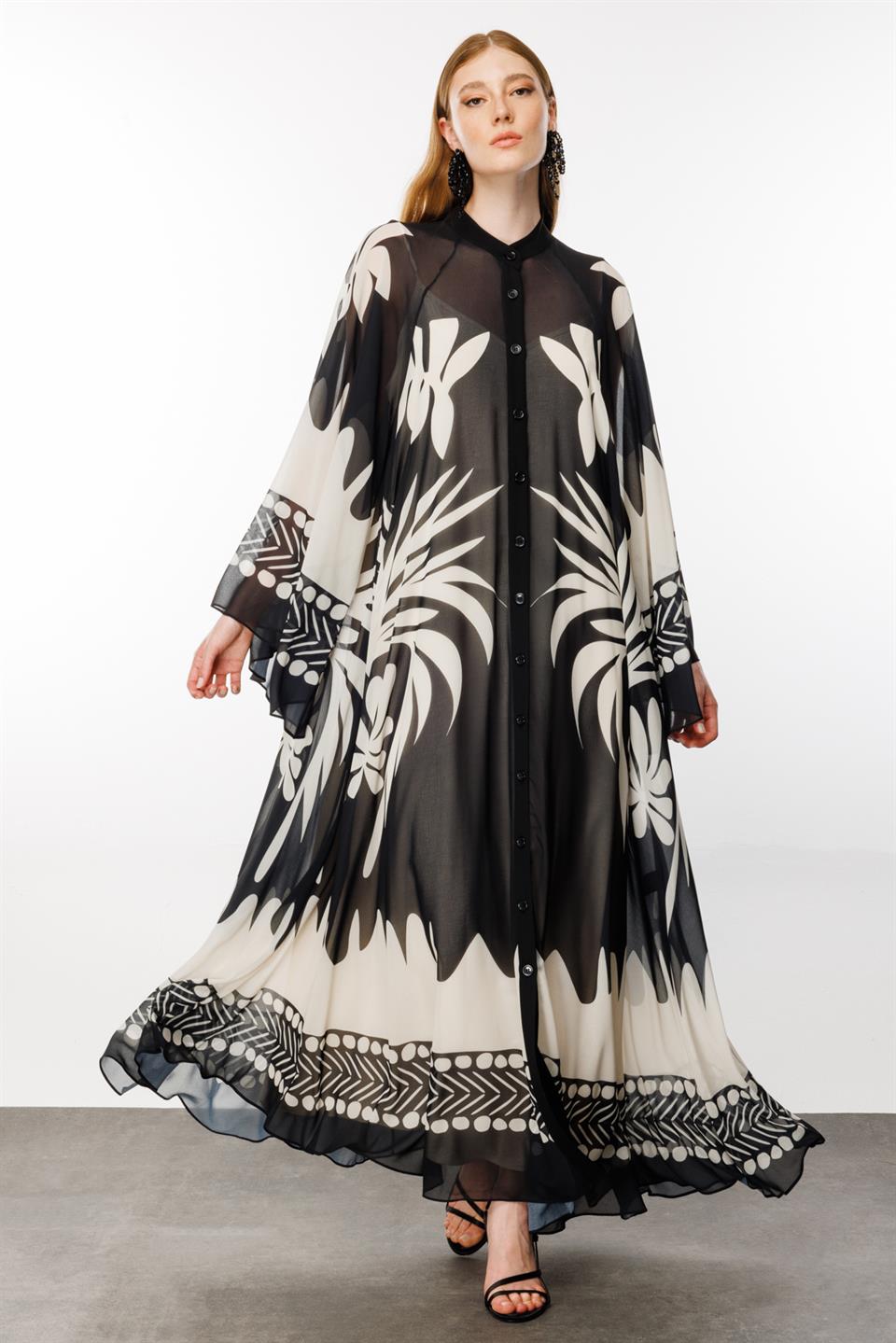 Yarasa Kol Floral Desen Abaya SİYAH
