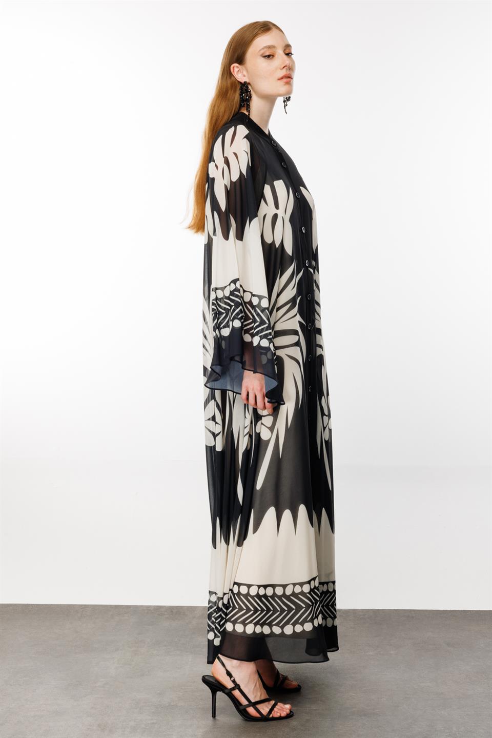 Yarasa Kol Floral Desen Abaya SİYAH