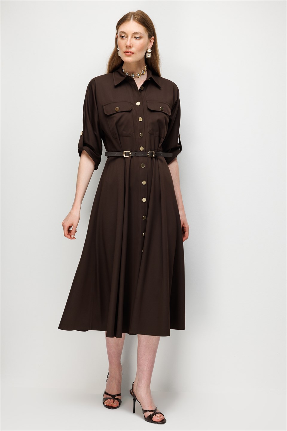 Batwing Sleeve Belted Dress COFFEE