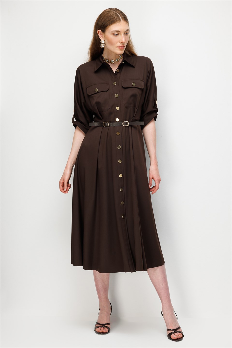 Batwing Sleeve Belted Dress COFFEE