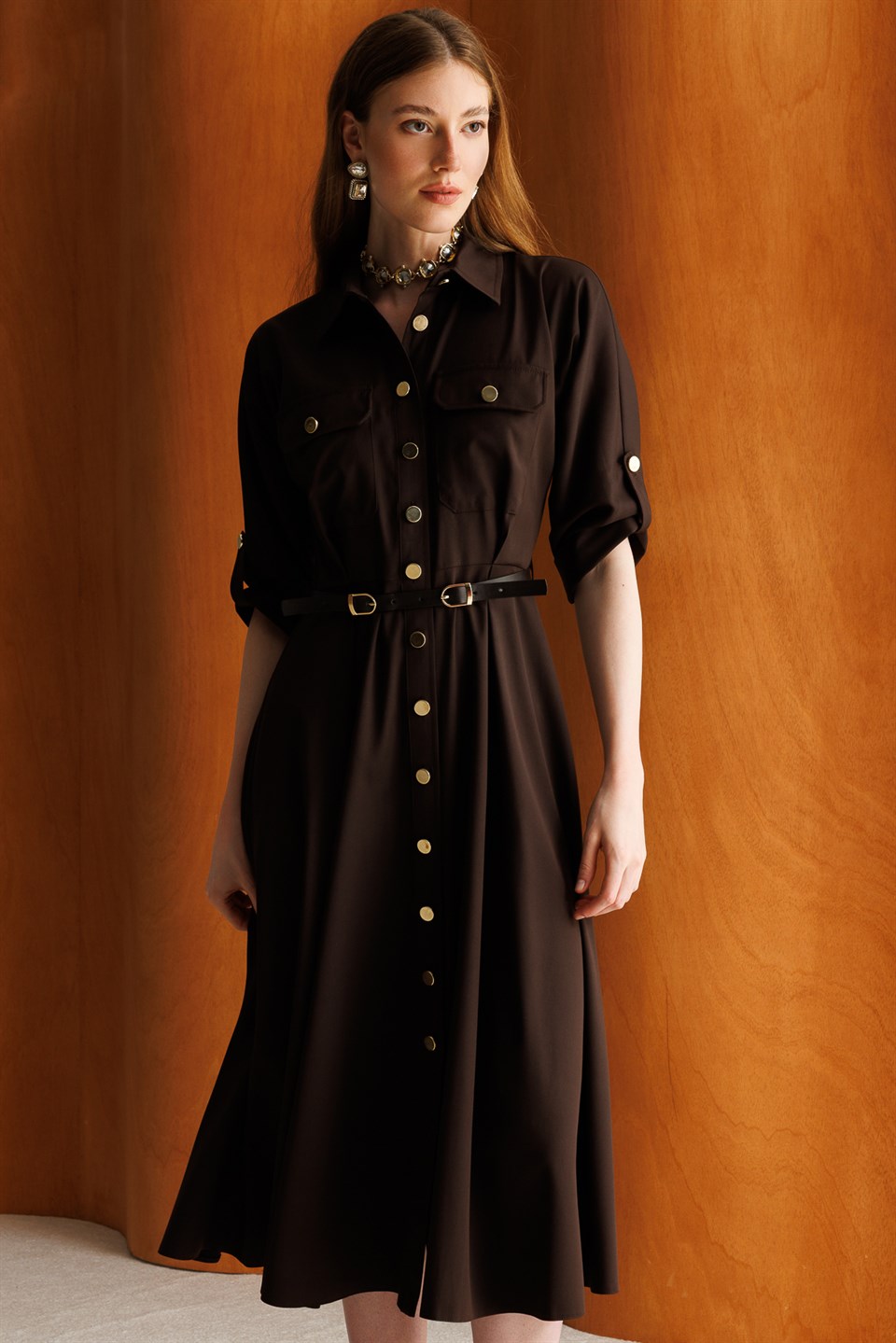 Batwing Sleeve Belted Dress COFFEE