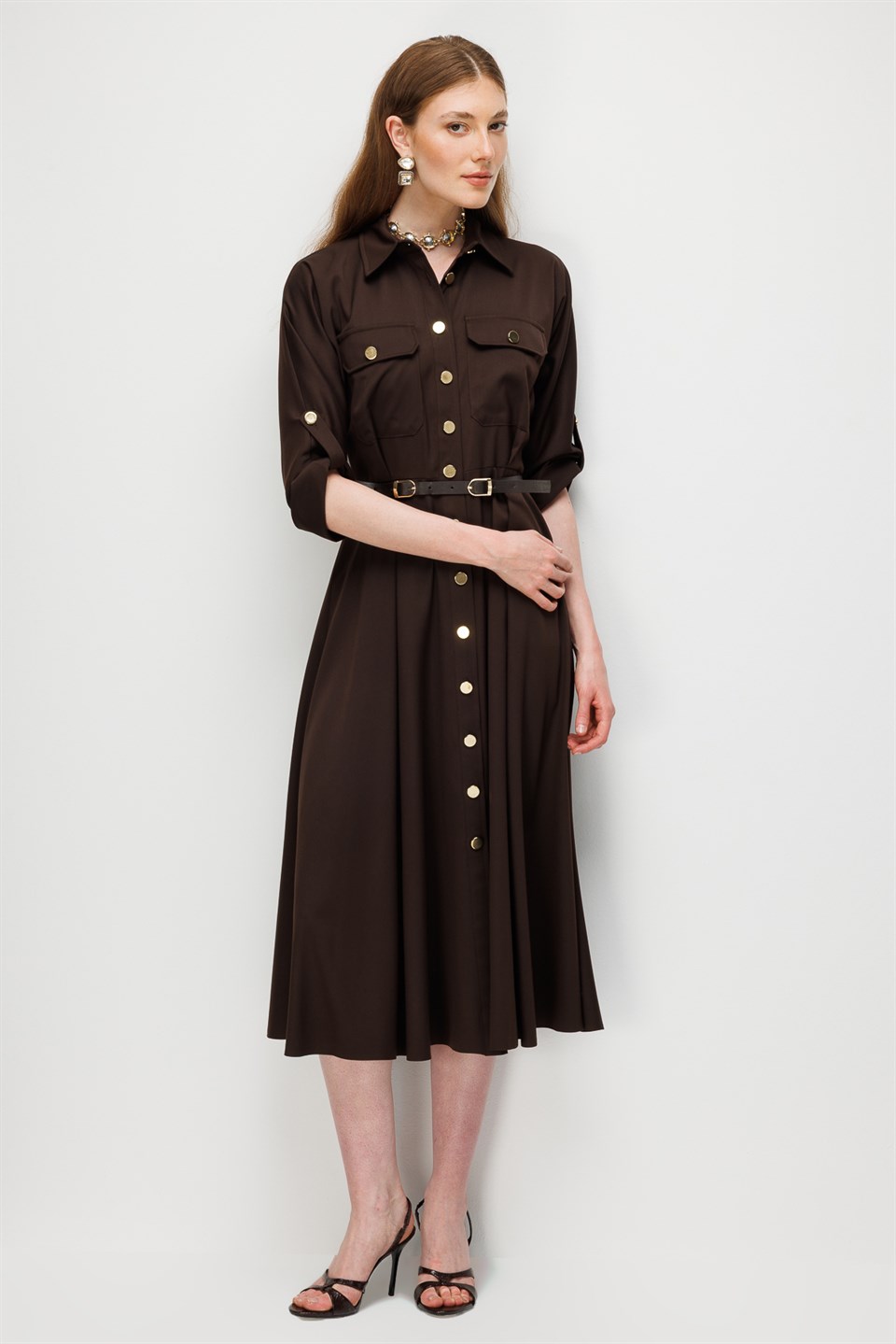 Batwing Sleeve Belted Dress COFFEE