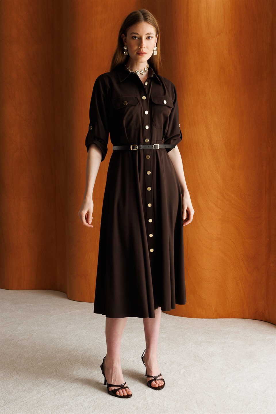 Batwing Sleeve Belted Dress COFFEE