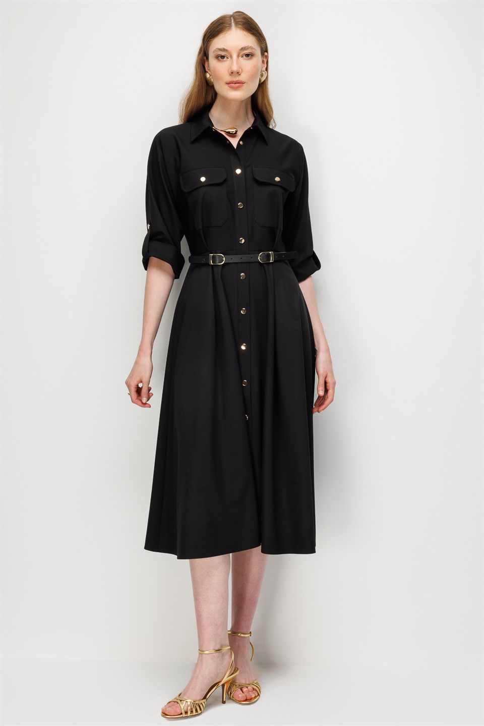 Batwing Sleeve Belted Dress BLACK