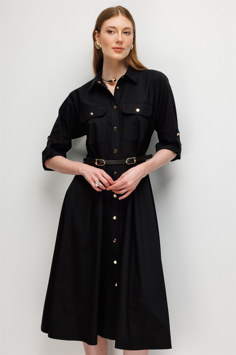 Batwing Sleeve Belted Dress BLACK