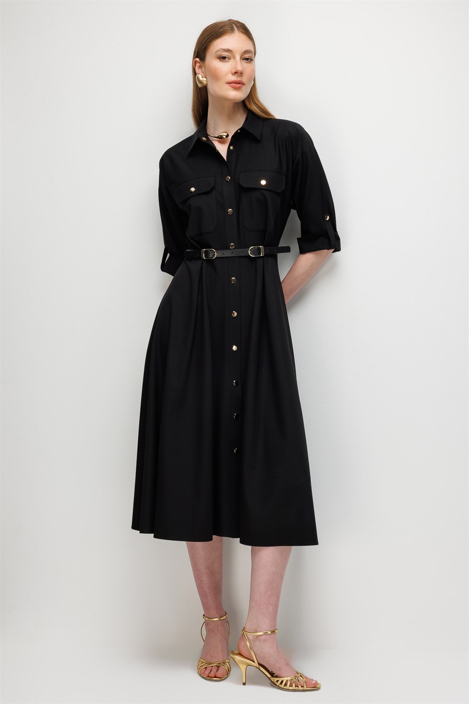 Batwing Sleeve Belted Dress BLACK