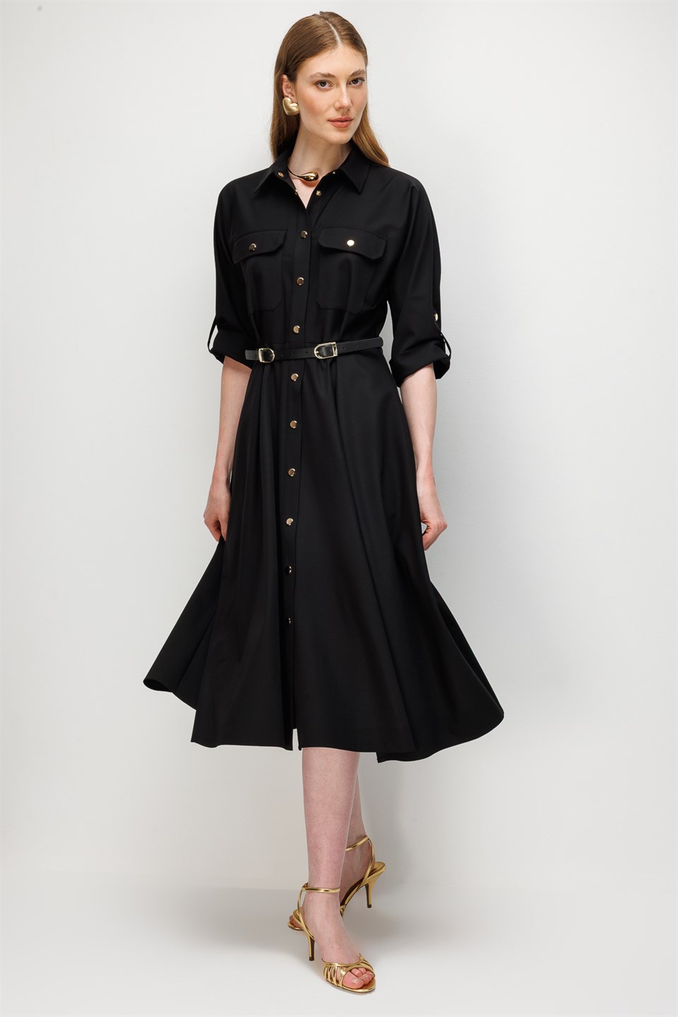 Batwing Sleeve Belted Dress BLACK