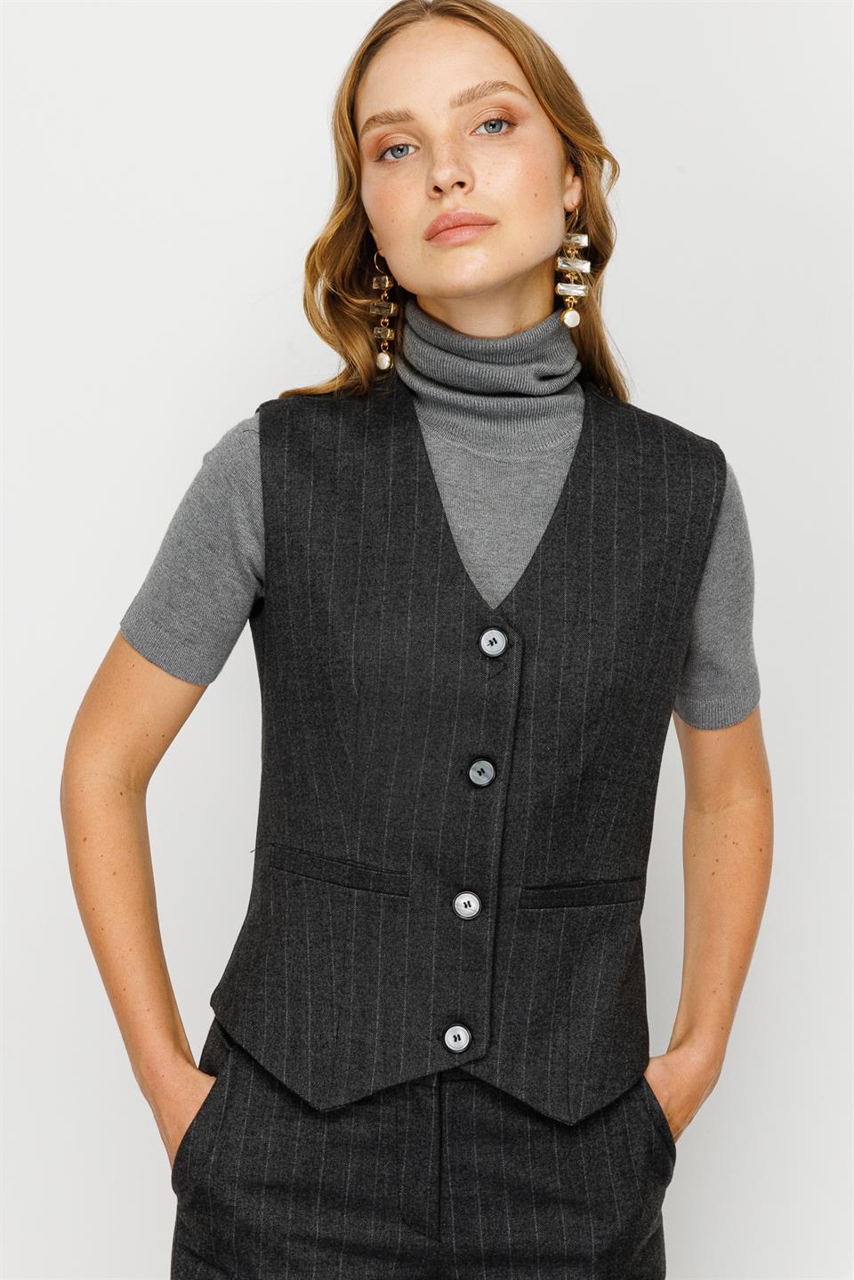 Buttoned V Neck Vest Gray