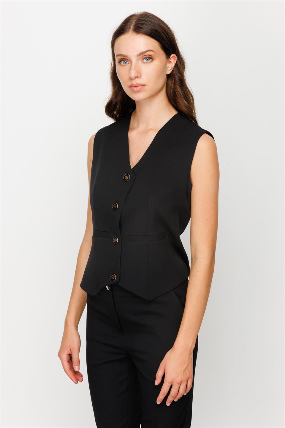 Buttoned V Neck Vest Black