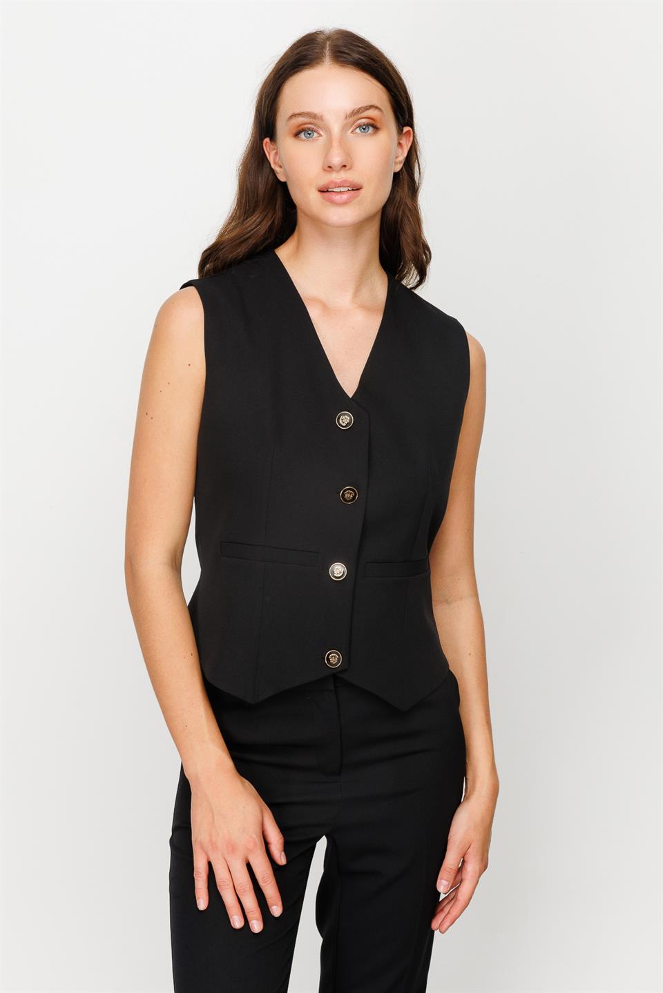Buttoned V Neck Vest Black