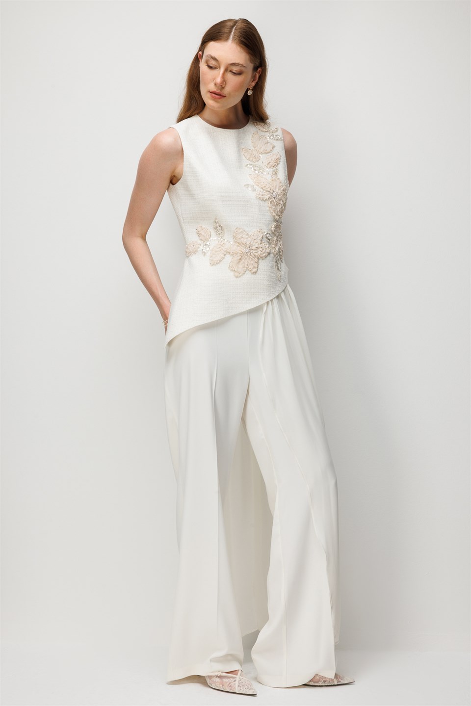 High Waisted Palazzo Trousers Ecru