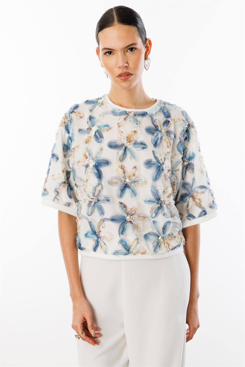 Yuvarlak  Yaka Oversize Pullu  Çiçekli Bluz DESENLİ