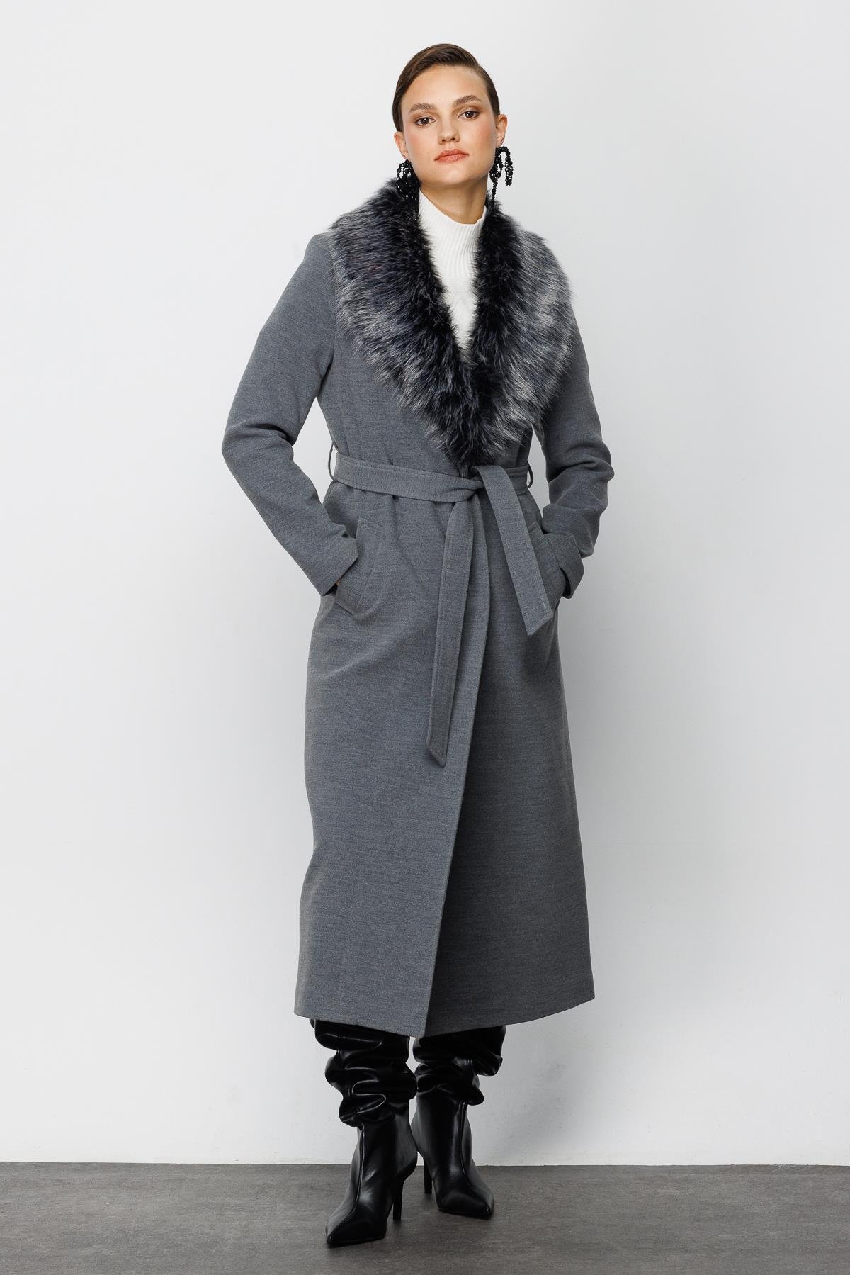 FUR SIDE COLLAR COAT GRAY FUR SIDE COLLAR COAT GRAY