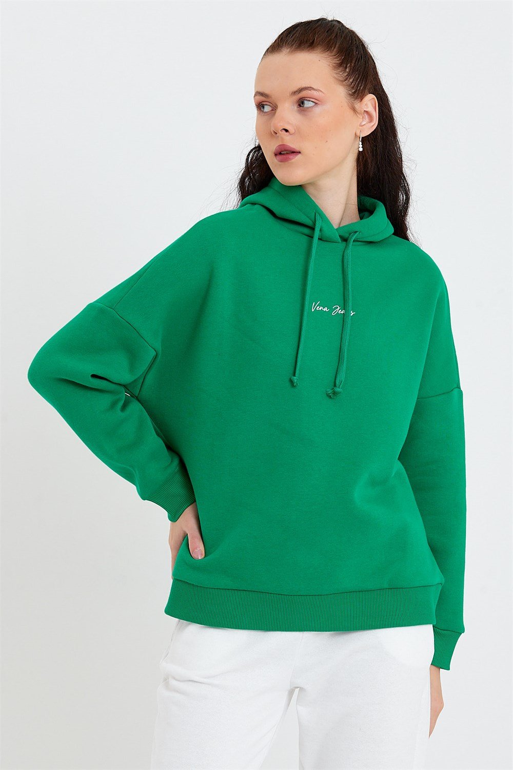 Yeşil Kapüşonlu Regular Fit Normal Kesim Vena Baskılı Sweatshirt - VENA