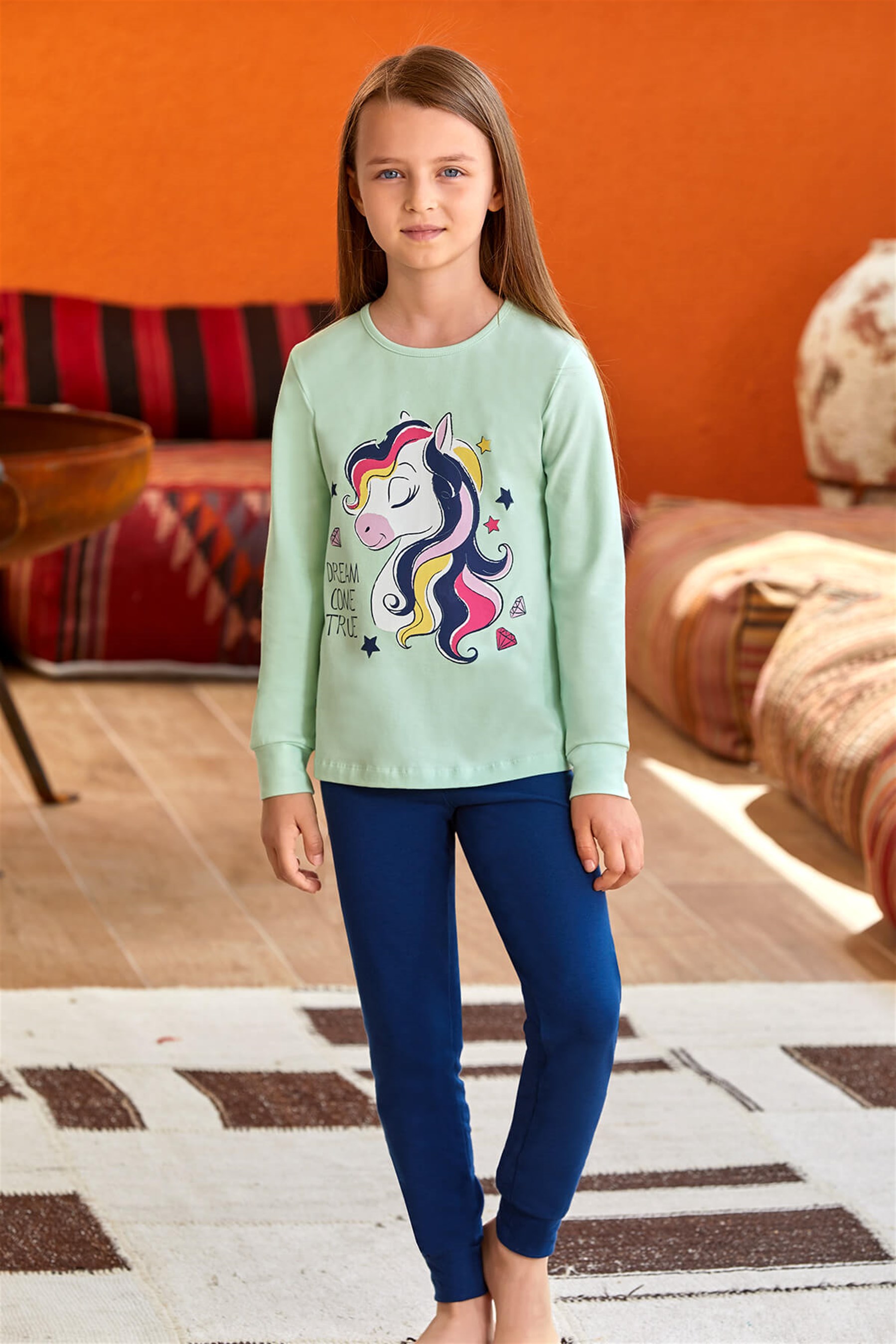 9136 Kız Çocuk Pijama Takımı Su Yeşili