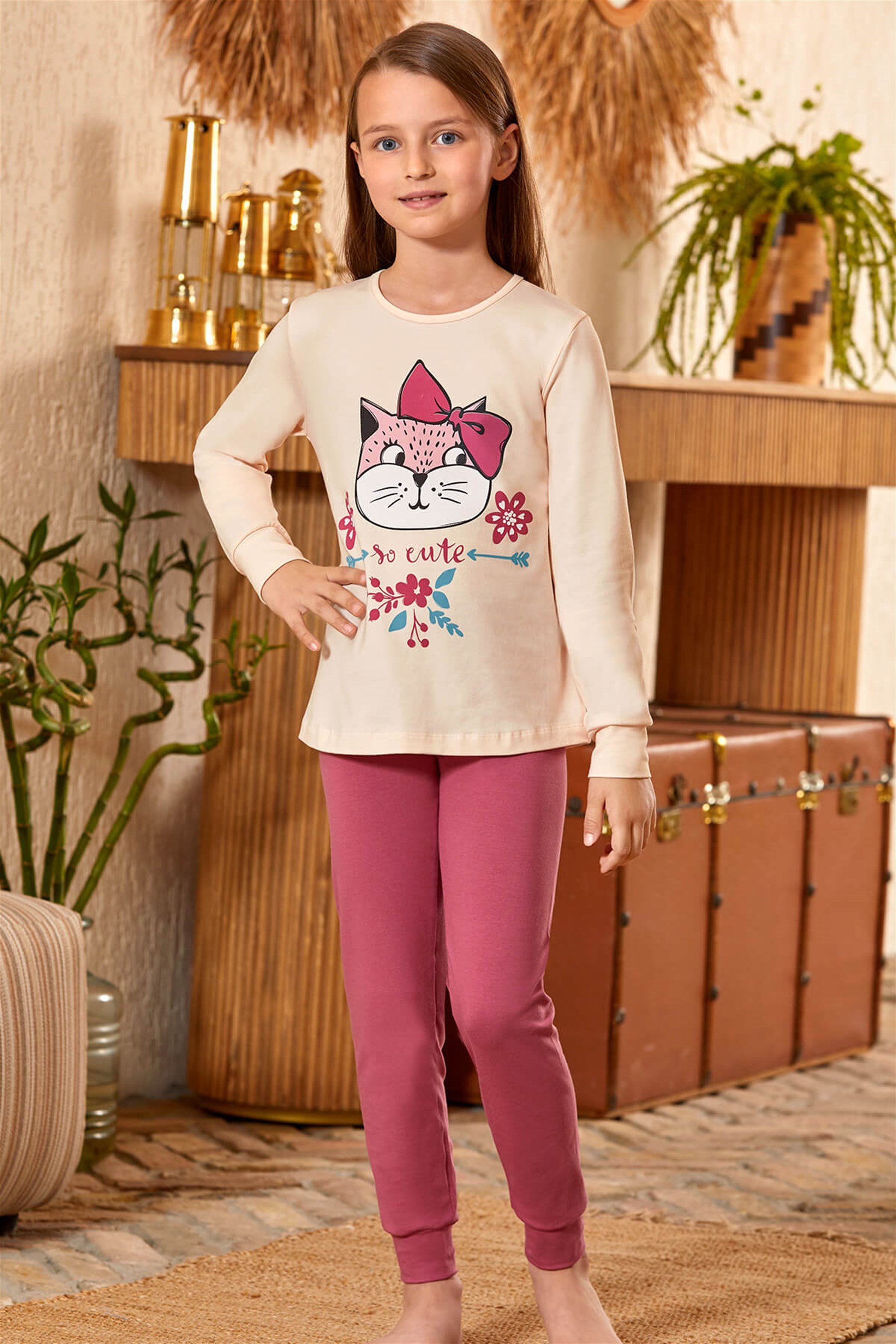 9144 Kız Çocuk Pijama Takımı Somon