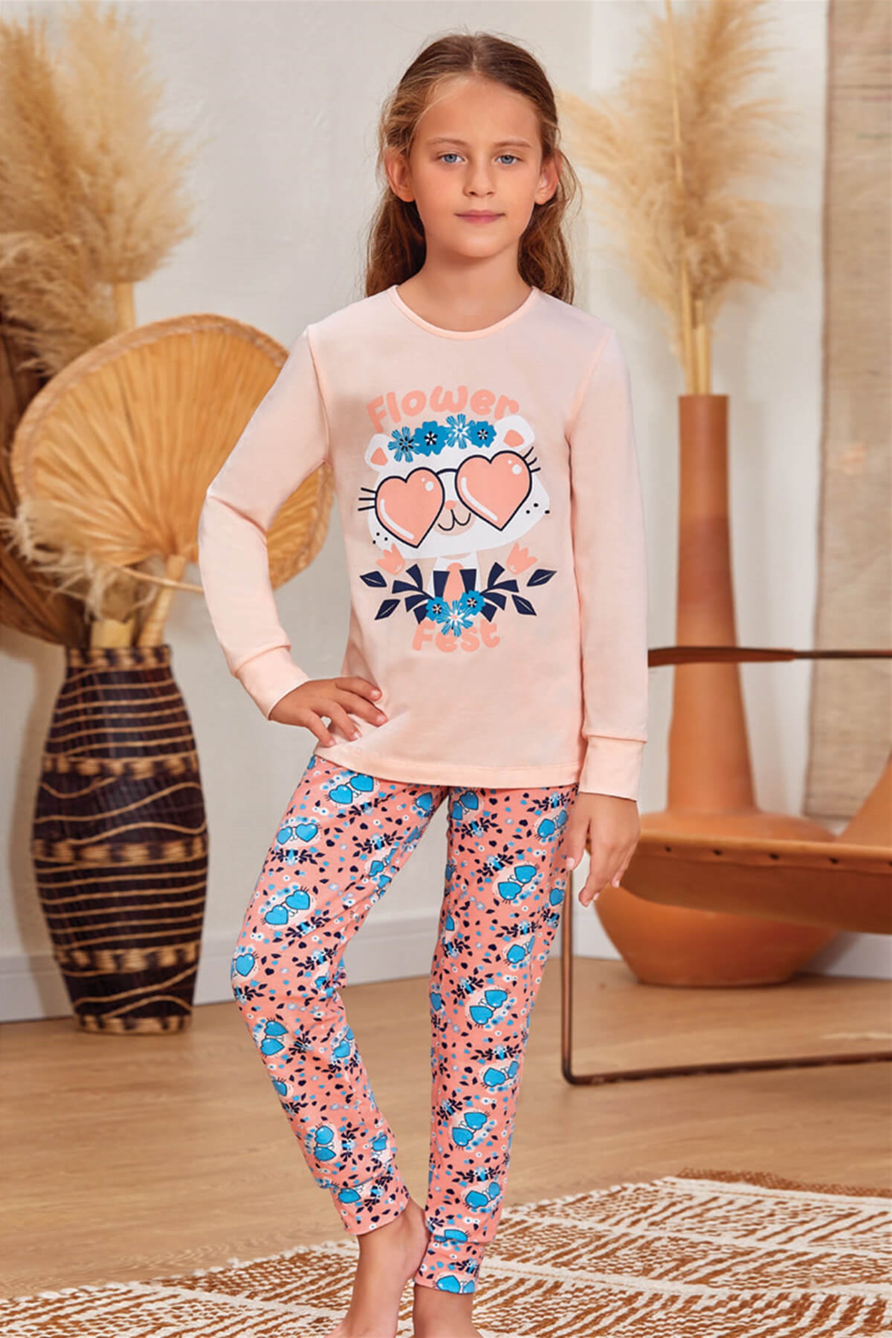 9145 Kız Çocuk Pijama Takımı Somon