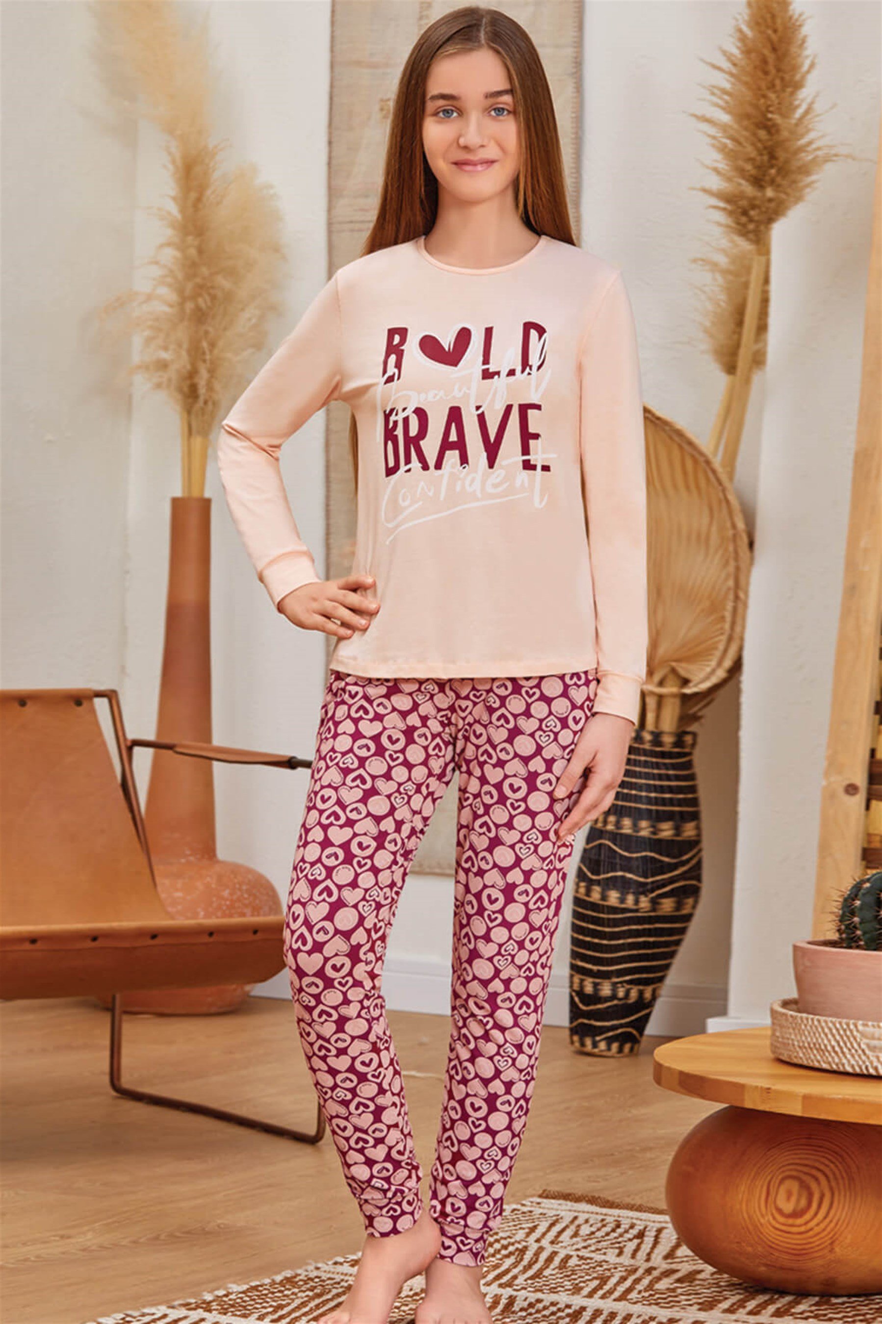 9153 Kız Çocuk Pijama Takımı Bordo