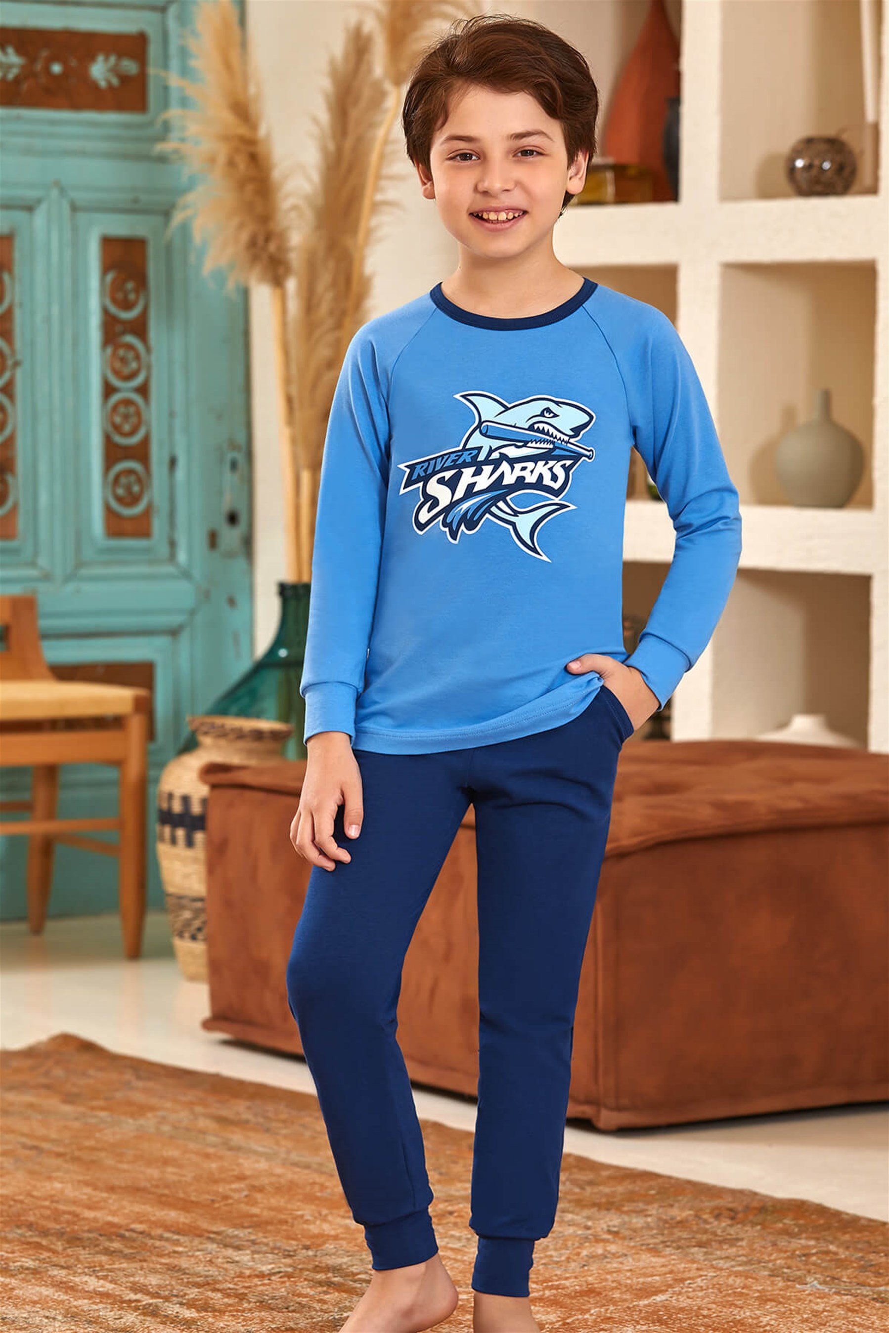 9754 Erkek Çocuk Pijama Takımı Mavi